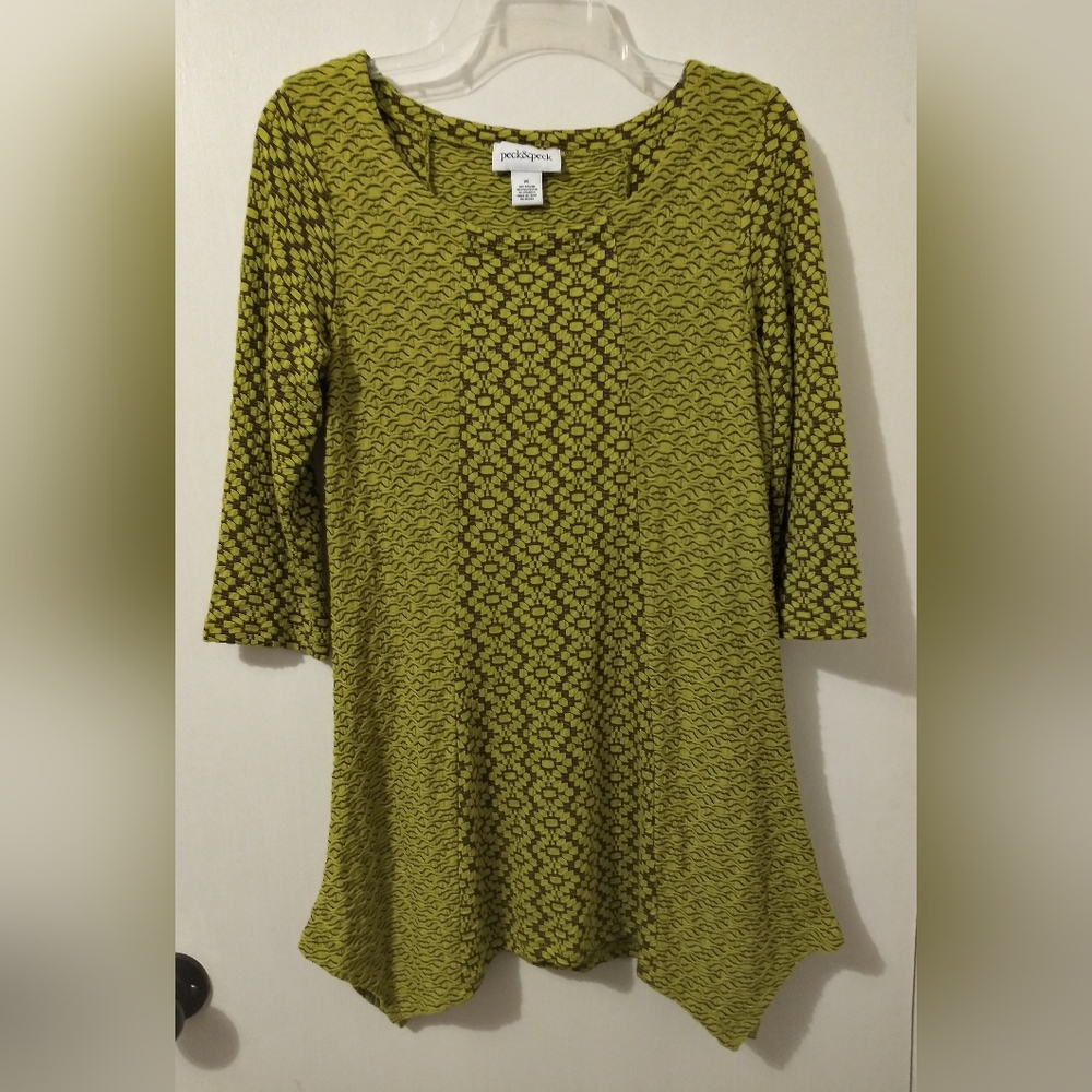 Peck & Peck Dress Petite Small Green Apple Brown Shift Stretch Asymmetrical Boho